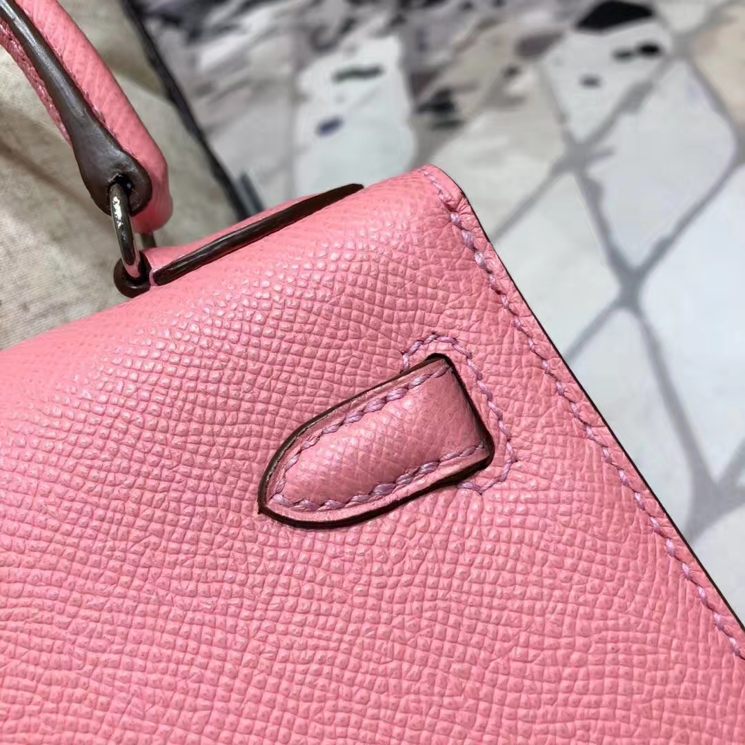 Hermes Kelly20CM 爱马仕奶昔粉原厂Epsom牛皮凯莉包 银扣