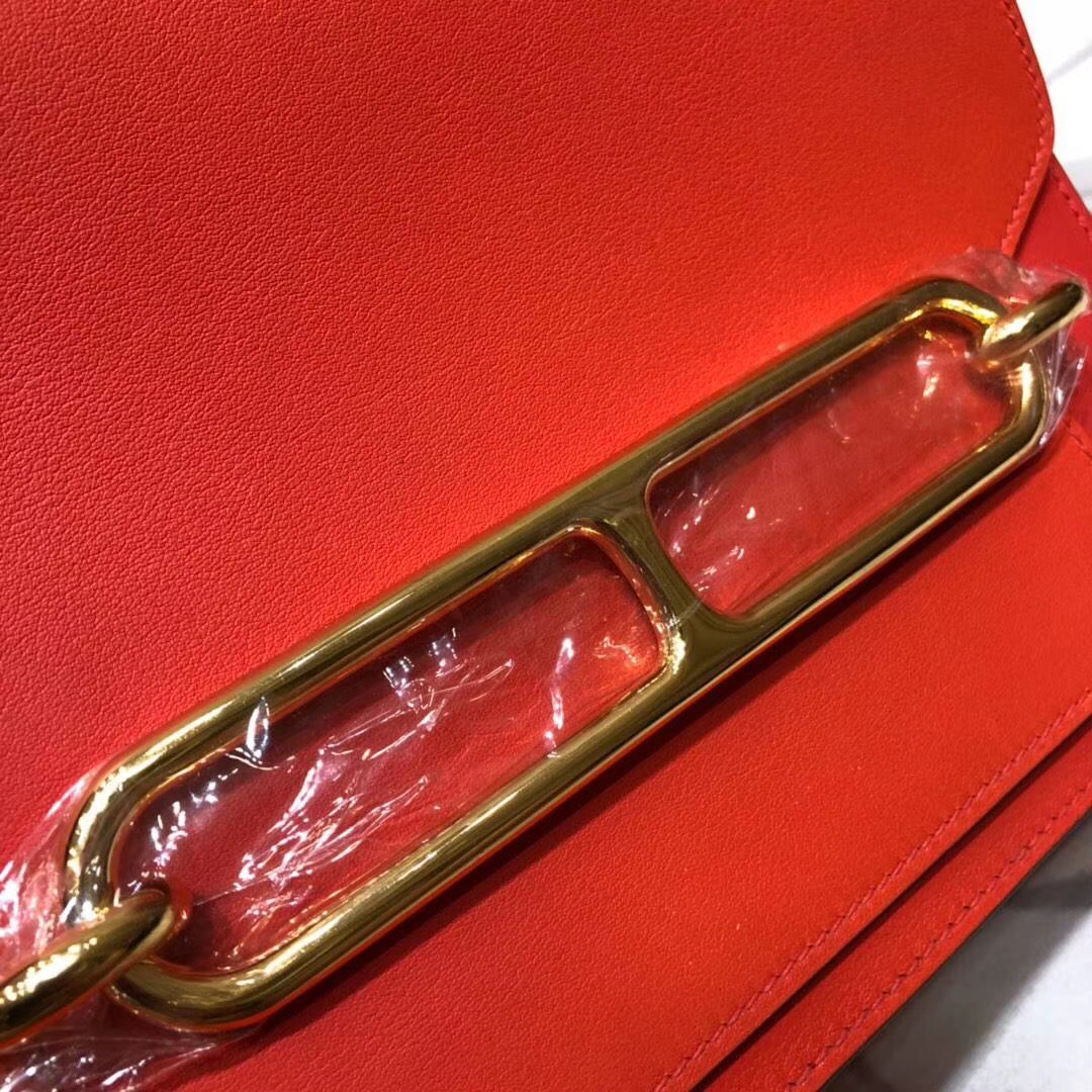 爱马仕猪鼻子包 Hermes Roulis24CM 火焰橙原厂Swift牛皮 金扣