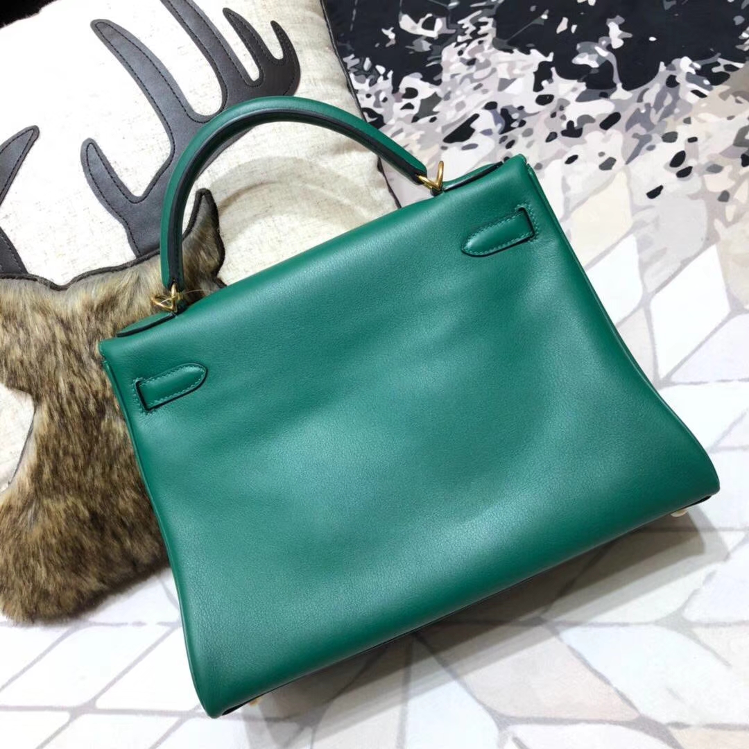 Hermes Kelly32CM 爱马仕Z6孔雀绿原厂Swift牛皮内缝凯莉包 金扣