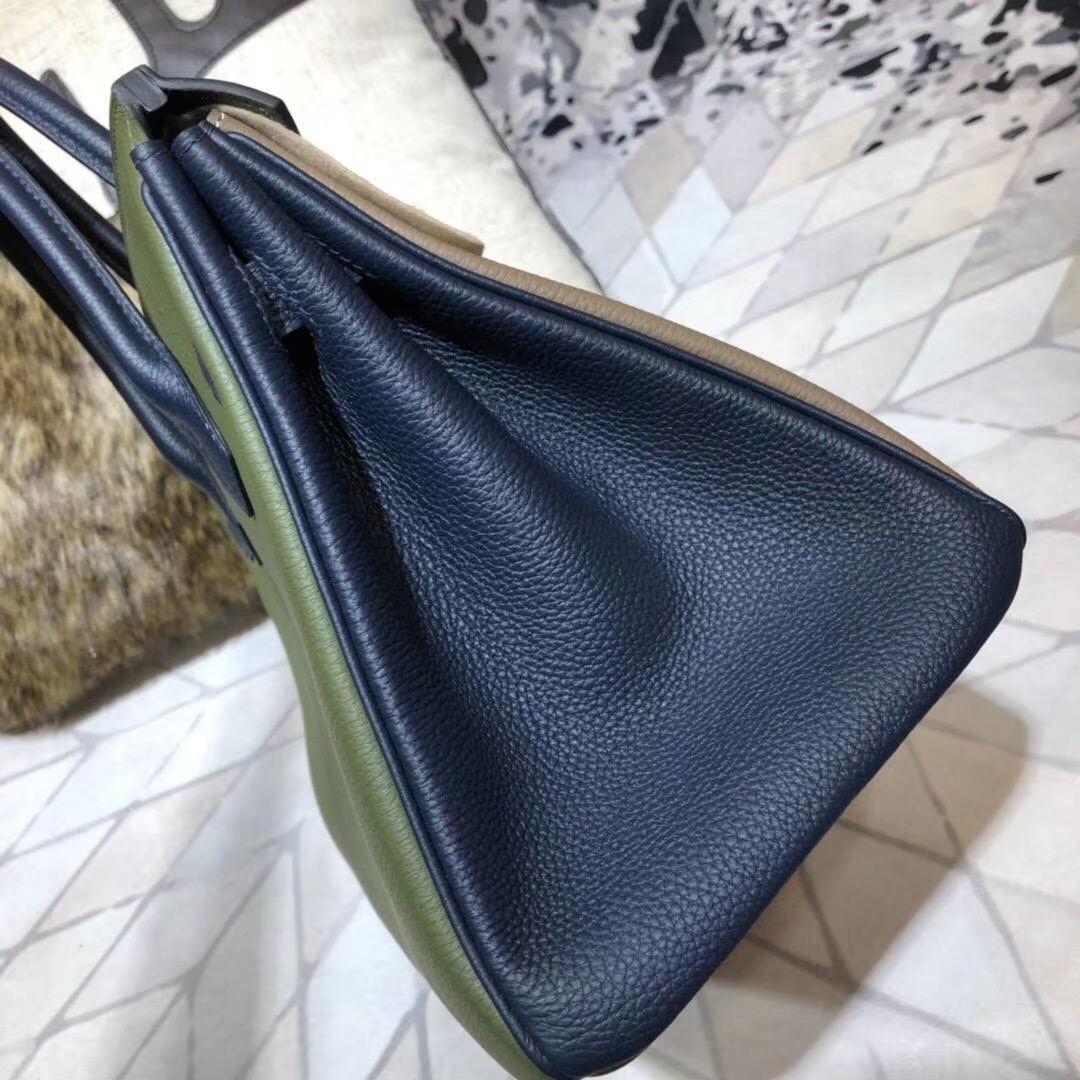 爱马仕拼色铂金包 Hermes Birkin30CM 大象灰拼丛林绿拼宝石蓝 金扣