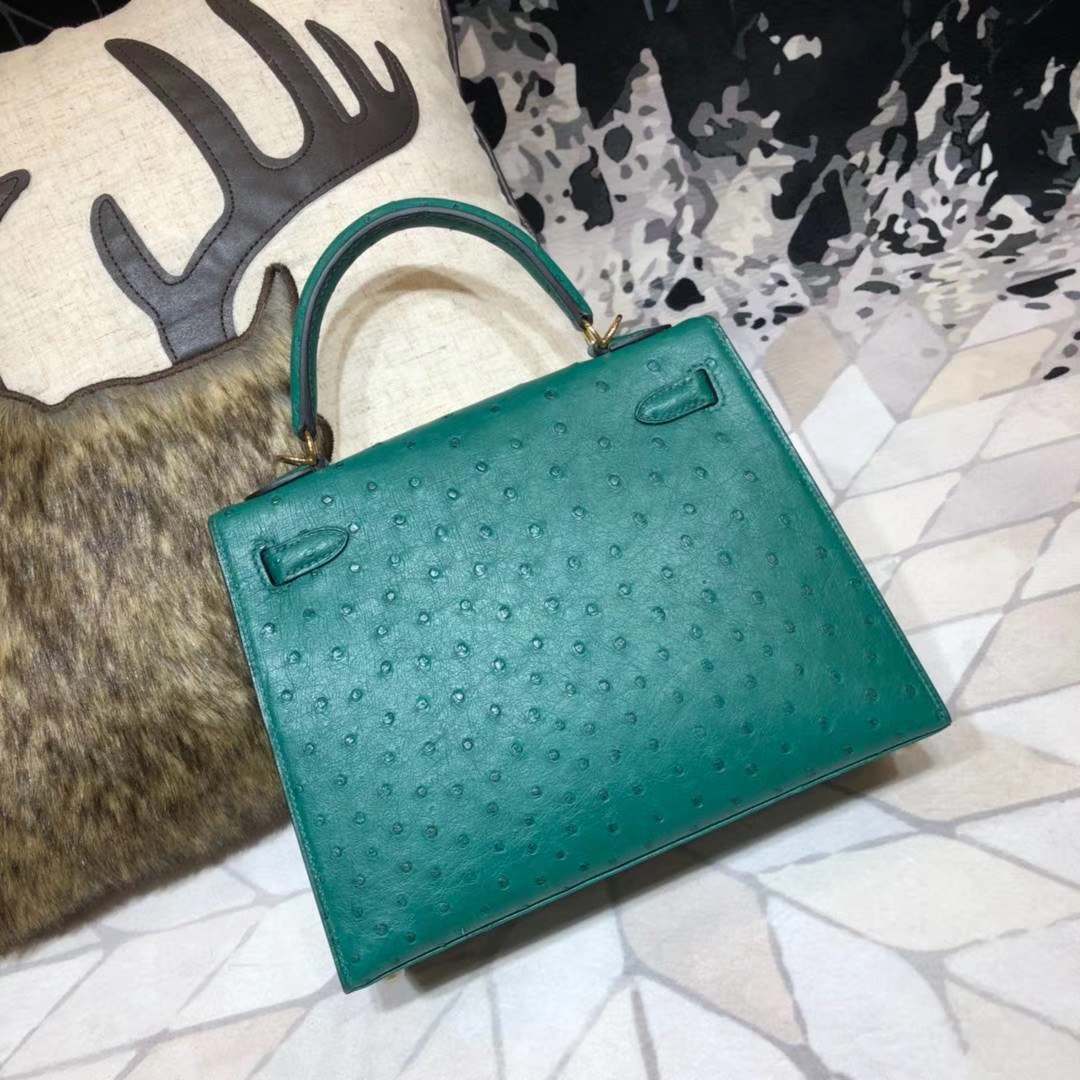 爱马仕Kelly包包 Hermes孔雀绿南非鸵鸟皮凯莉包Kelly25CM 金扣