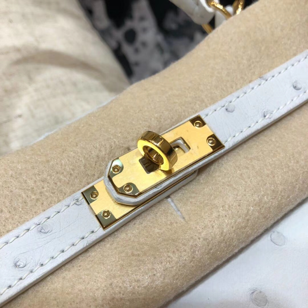 爱马仕凯莉包价格 Hermes纯白色顶级鸵鸟皮Kelly25CM 金扣