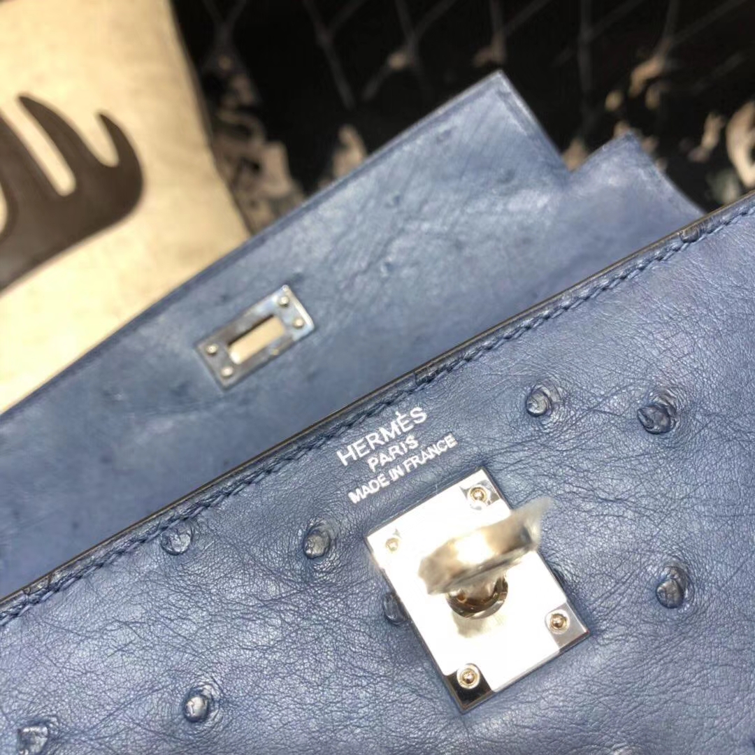 Hermes Kelly25CM 爱马仕玛瑙蓝南非鸵鸟皮外缝凯莉包 金扣/银扣
