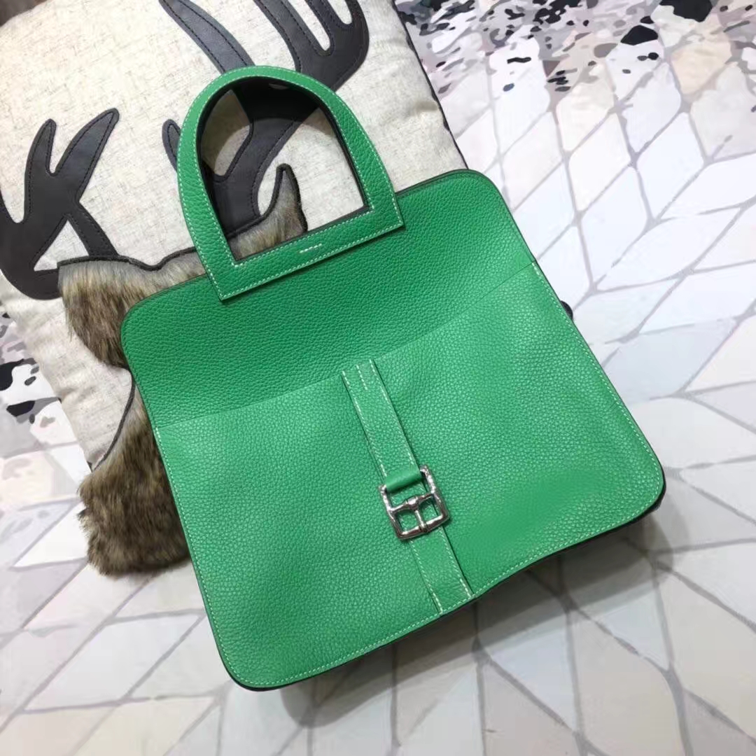 爱马仕新款女包 Hermes Halzan31CM 1K竹子绿原厂Clemence牛皮 银扣