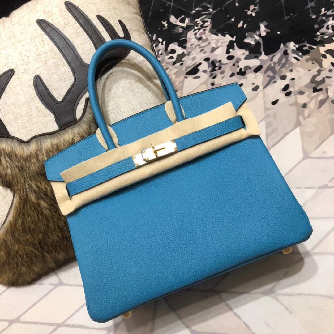 爱马仕女包价格 Hermes Birkin30CM 松石蓝原厂Togo牛皮铂金包 金扣