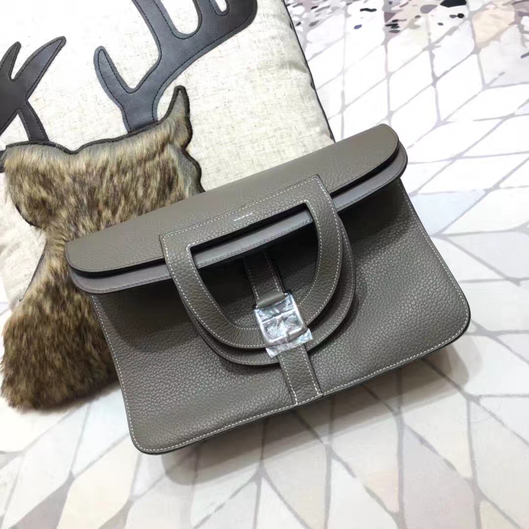 Hermes Halzan31CM 爱马仕锡器灰原厂Clemence牛皮手提斜挎女包