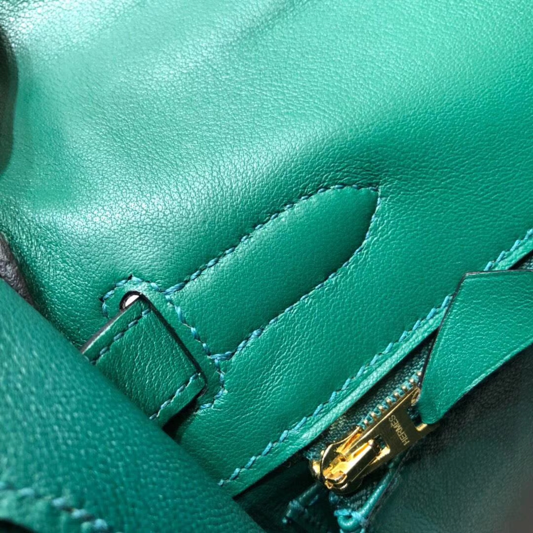Hermes Kelly32CM 爱马仕Z6孔雀绿原厂Swift牛皮内缝凯莉包 金扣