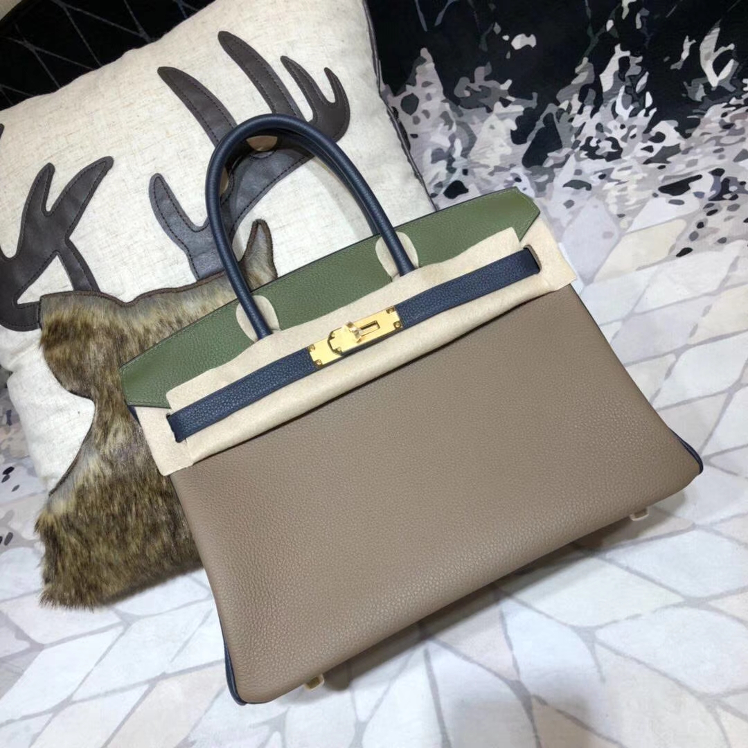 爱马仕拼色铂金包 Hermes Birkin30CM 大象灰拼丛林绿拼宝石蓝 金扣