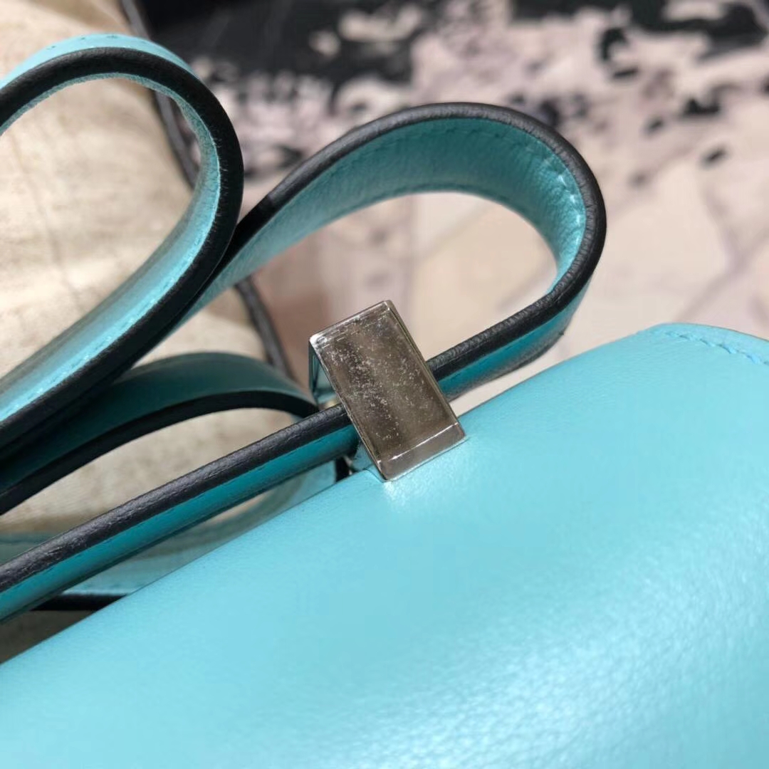 Hermes爱马仕3P马卡龙蓝原厂Swift牛皮空姐包Constance23CM 珐琅银扣