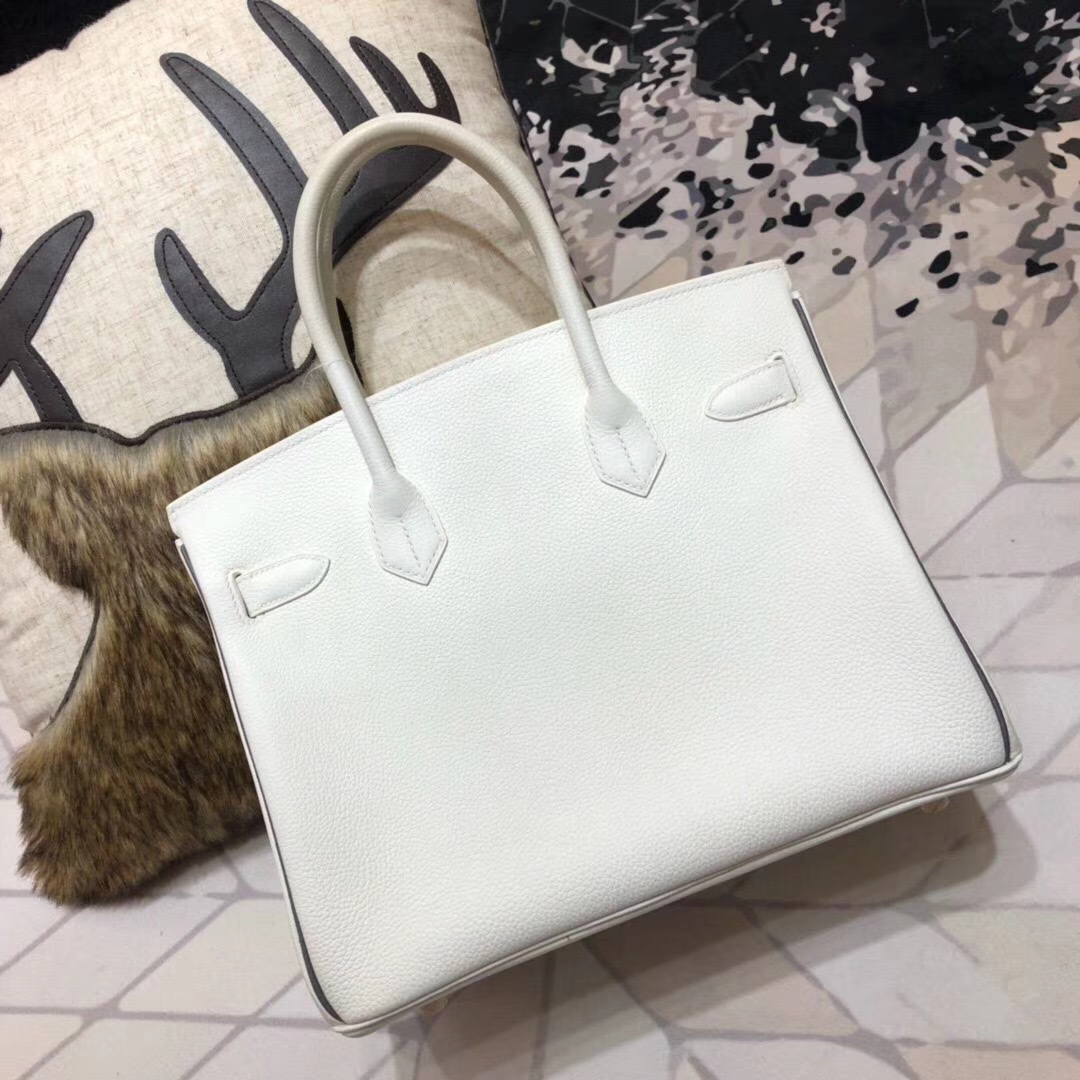 爱马仕拼色铂金包 Hermes纯白拼黑色原厂Togo小牛皮Birkin30CM 银扣