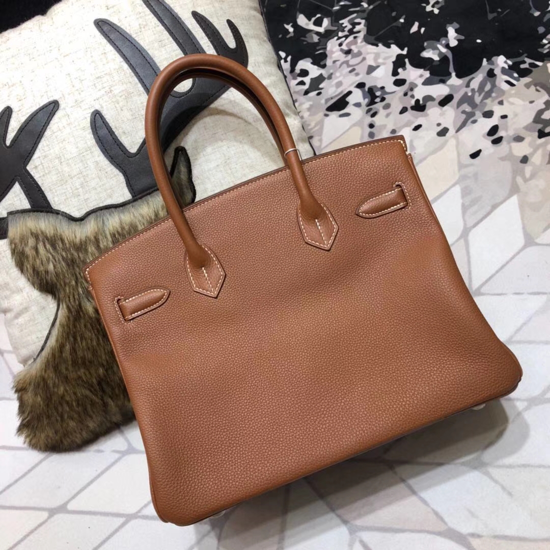 爱马仕铂金包价格 Hermes Birkin30CM 土黄色原厂Togo小牛皮 银扣