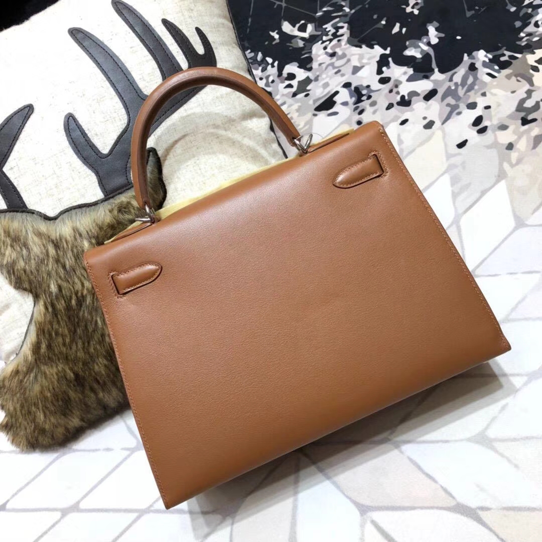 Hermes Kelly32CM 爱马仕CK37土黄色原厂Swift牛皮外缝凯莉包 银扣
