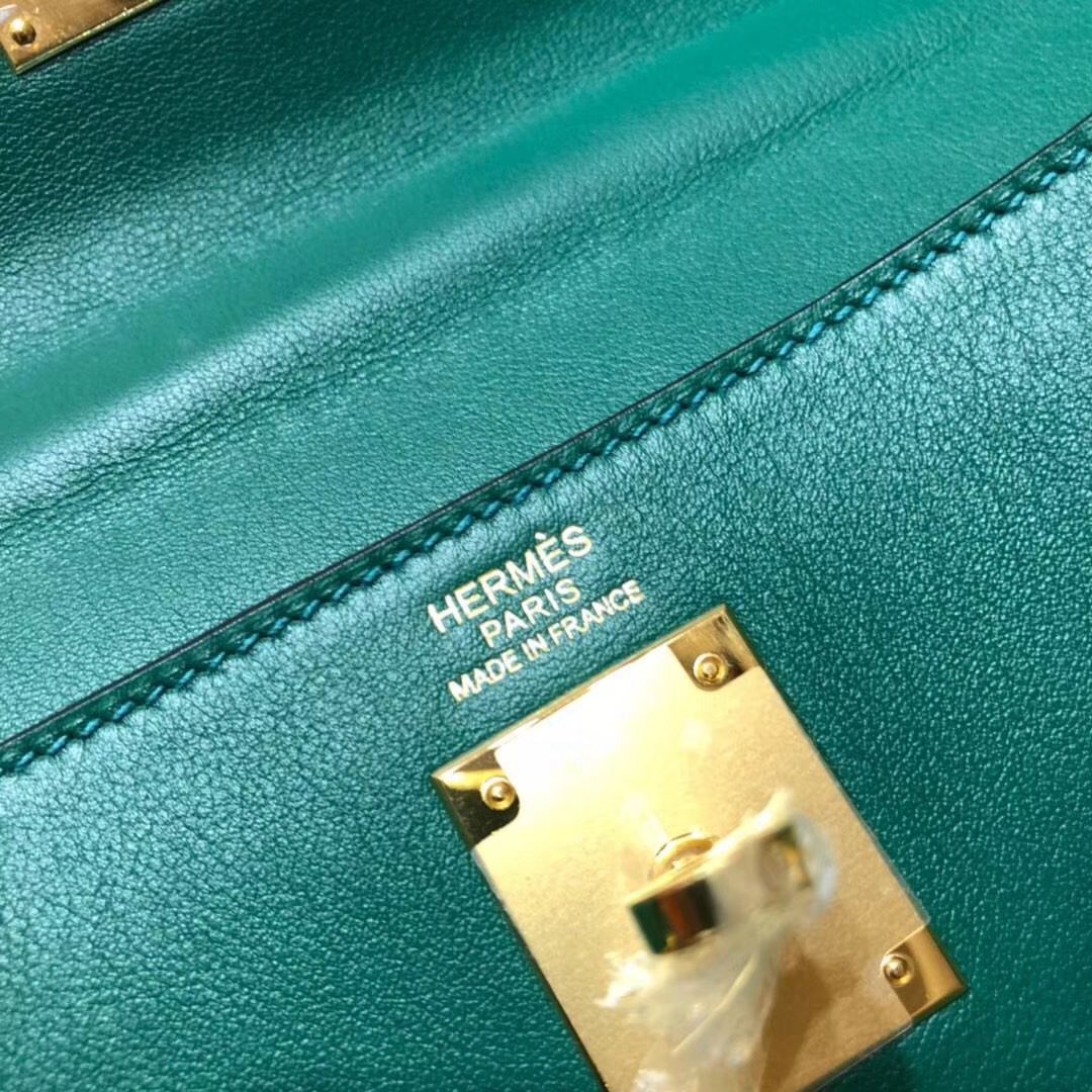Hermes Kelly32CM 爱马仕Z6孔雀绿原厂Swift牛皮内缝凯莉包 金扣