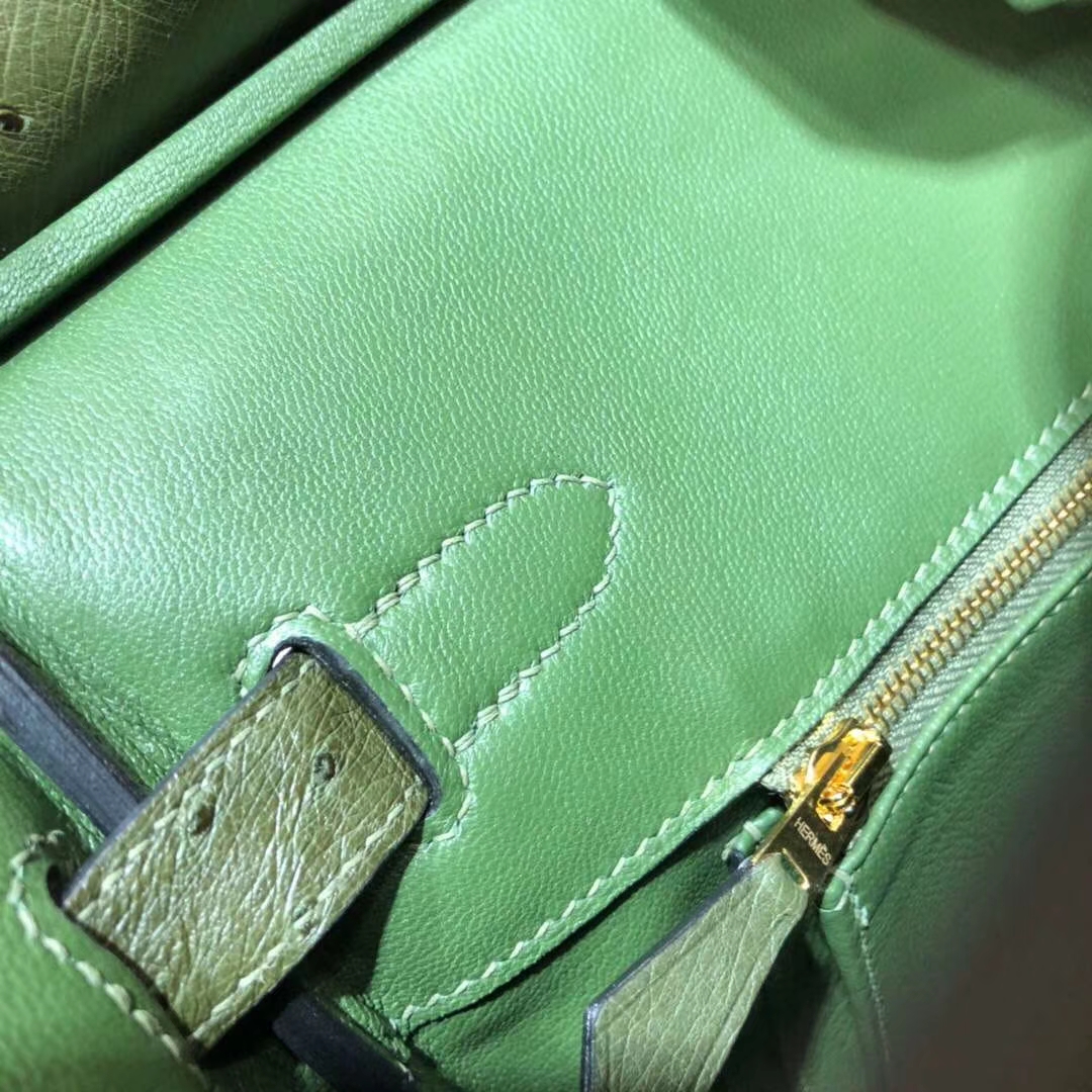 Hermes Birkin30CM 爱马仕V6丛林绿南非鸵鸟皮铂金包 金扣