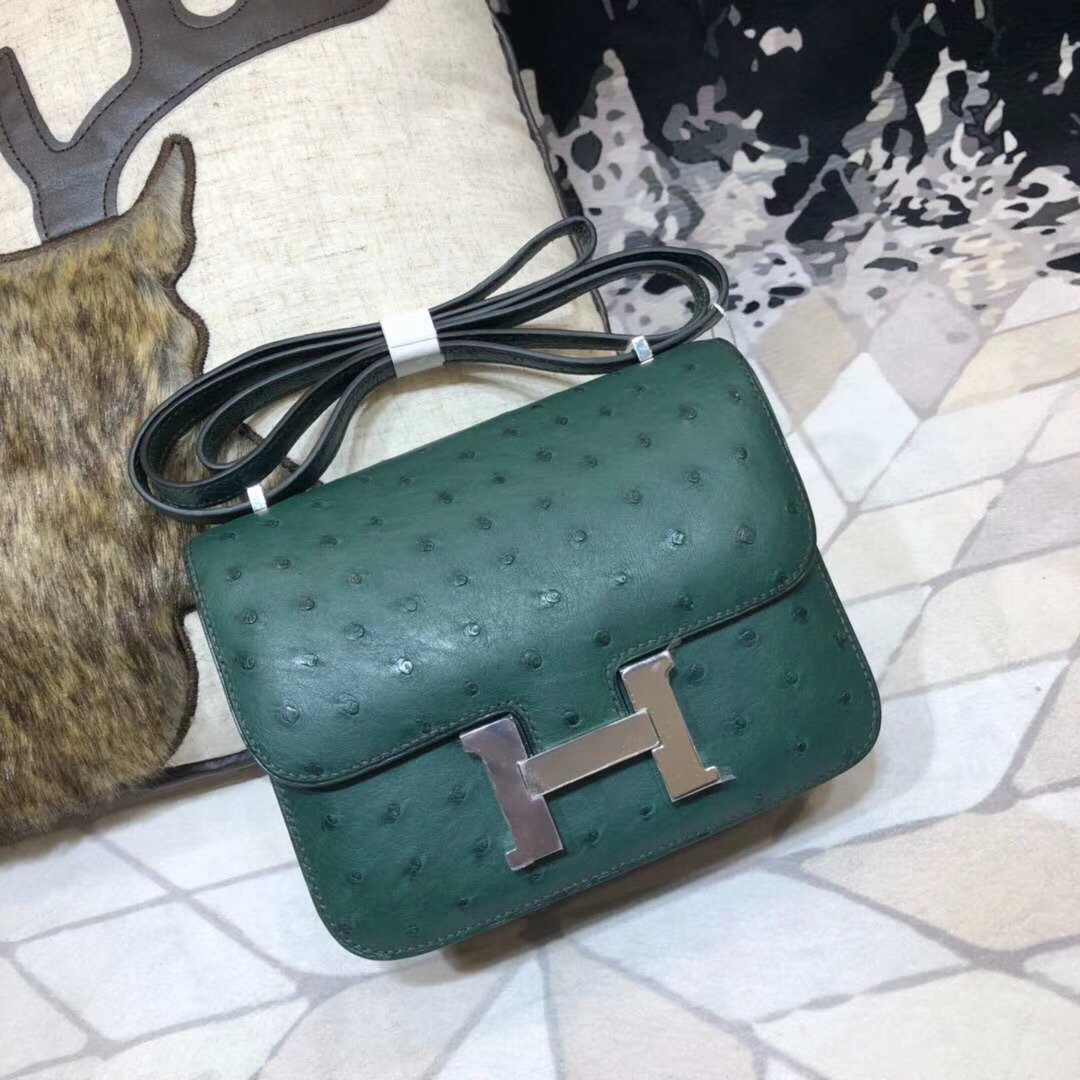 Hermes Constance19CM 爱马仕孔雀绿南非鸵鸟皮康斯坦包空姐包 银扣