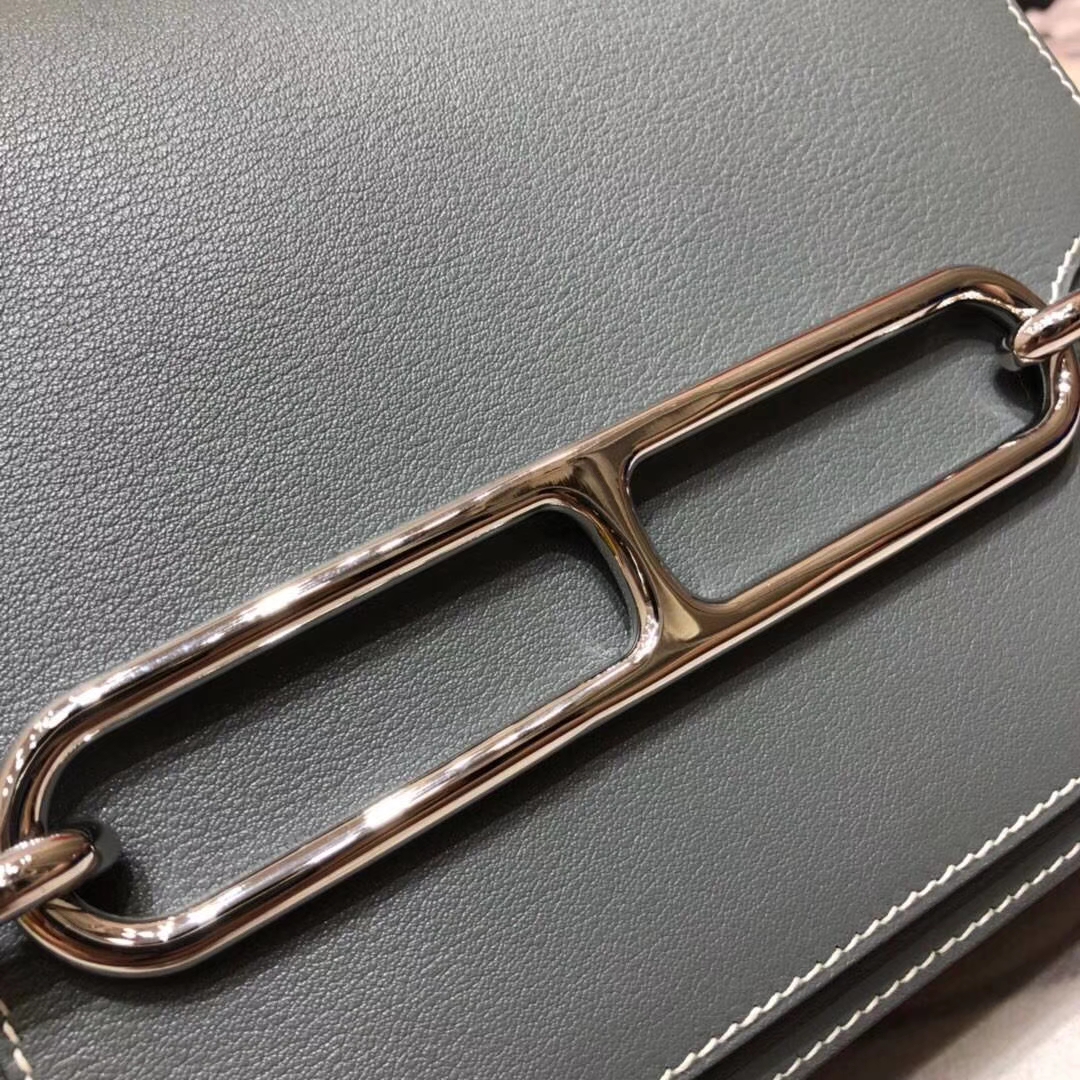 Hermes包包官网 爱马仕原厂Swift牛皮Roulis24CM猪鼻子包 锡器灰 银扣