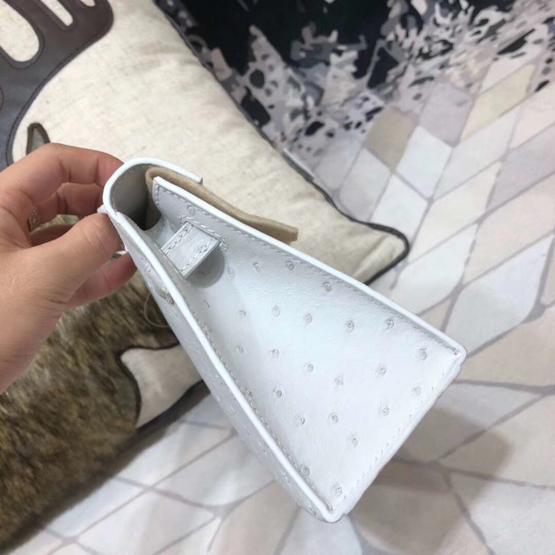 Hermes Minikelly22CM 爱马仕南非鸵鸟皮迷你凯莉包 纯白色 金扣