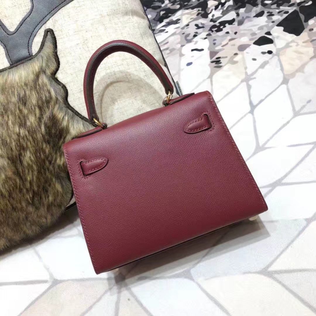 爱马仕Kelly包包 Hermes宝石红原厂掌纹牛皮凯莉包Kelly20CM 金扣