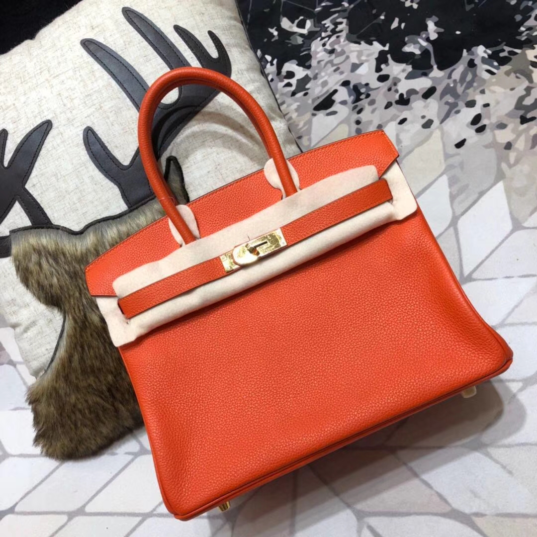 爱马仕包包批发 Hermes Birkin30CM 火焰橙原厂Togo小牛皮铂金包 金扣