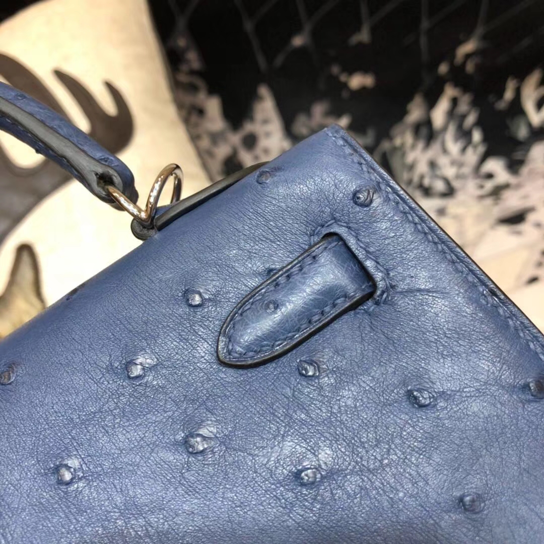 Hermes Kelly25CM 爱马仕玛瑙蓝南非鸵鸟皮外缝凯莉包 金扣/银扣