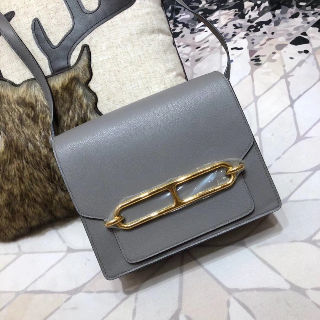 爱马仕猪鼻子包 Hermes Roulis24CM 锡器灰原厂Eve牛皮单肩女包 金扣