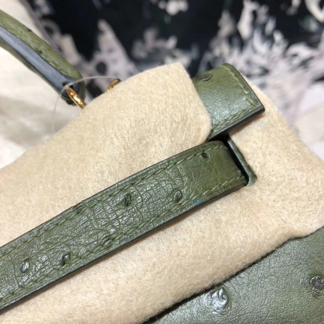 Hermes Kelly25CM 爱马仕V6丛林绿南非鸵鸟皮凯莉包 金扣