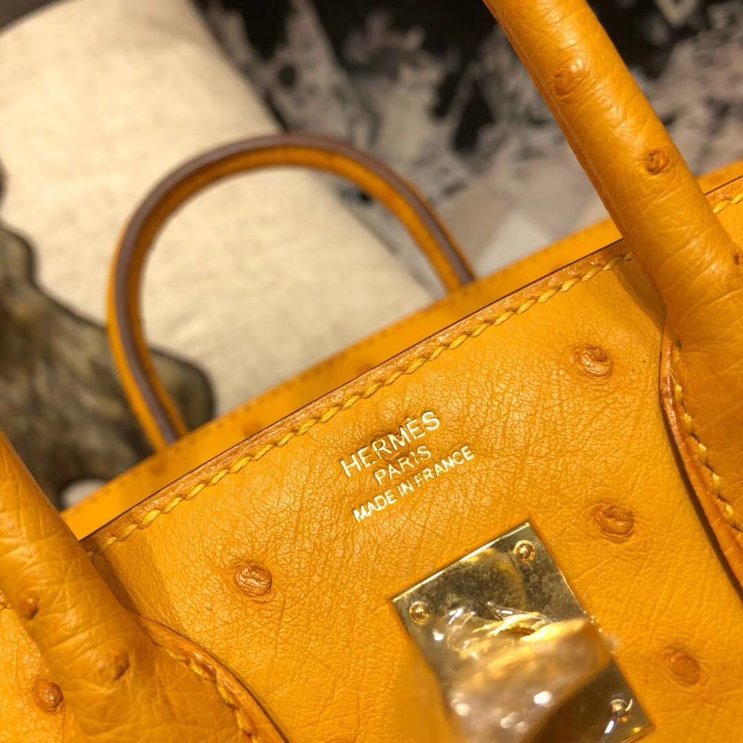 Hermes Birkin25CM 爱马仕原厂顶级鸵鸟皮铂金包 大黄色 金扣