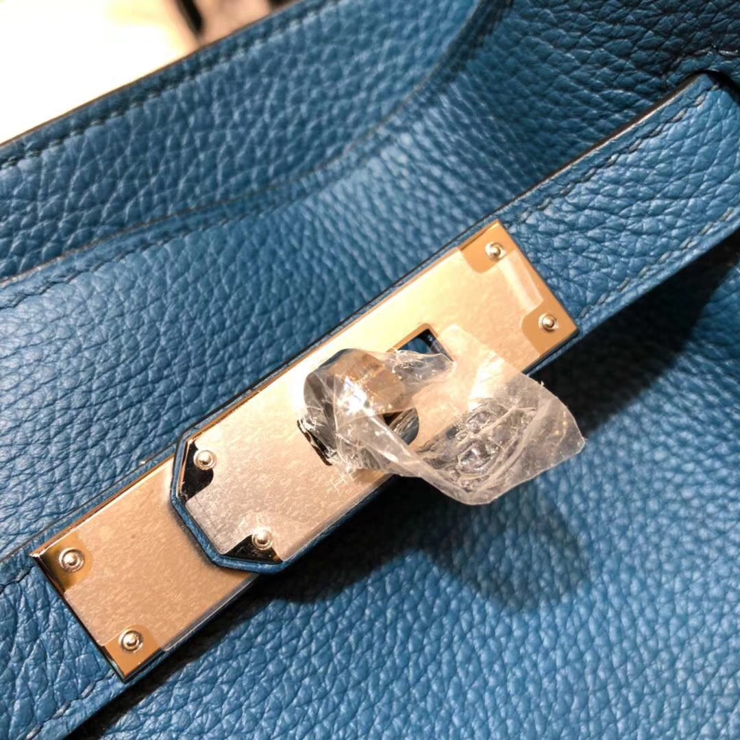 爱马仕水桶包价格 Hermes So Kelly22CM 加利西亚蓝进口TC牛皮 银扣