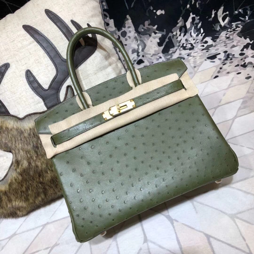 Hermes Birkin30CM 爱马仕V6丛林绿南非鸵鸟皮铂金包 金扣
