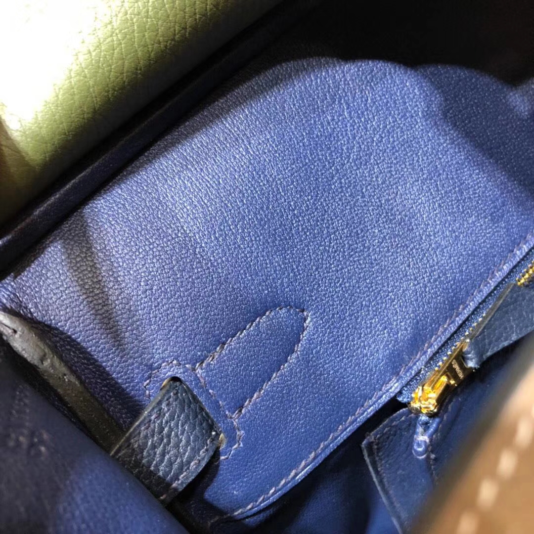 爱马仕拼色铂金包 Hermes Birkin30CM 大象灰拼丛林绿拼宝石蓝 金扣