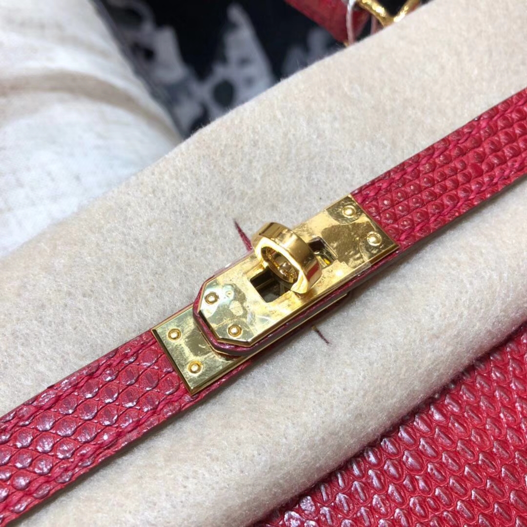 Hermes Kelly25CM 爱马仕大红色原厂蜥蜴皮外缝凯莉包 金扣