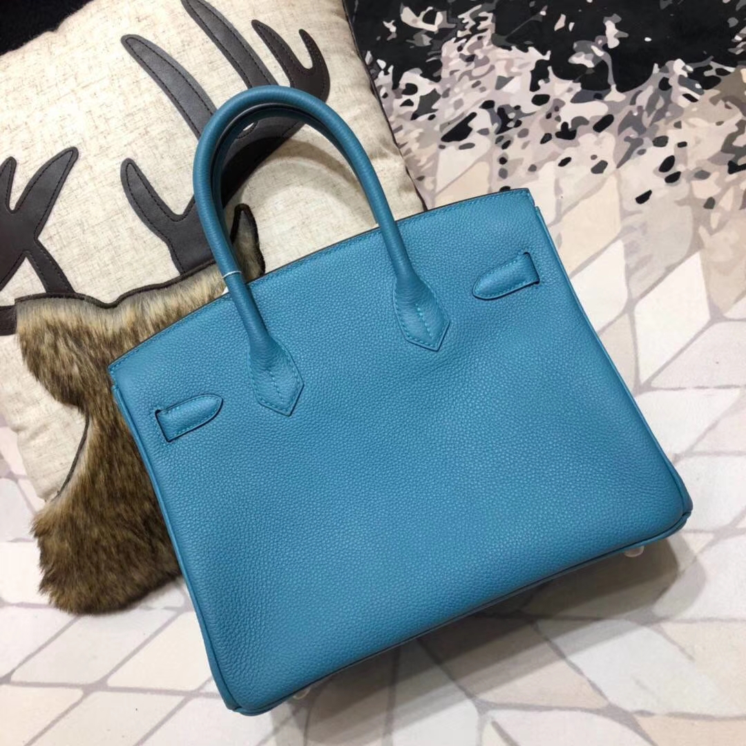 Hermes Birkin30CM 爱马仕松石蓝原厂Togo小牛皮铂金包 银扣