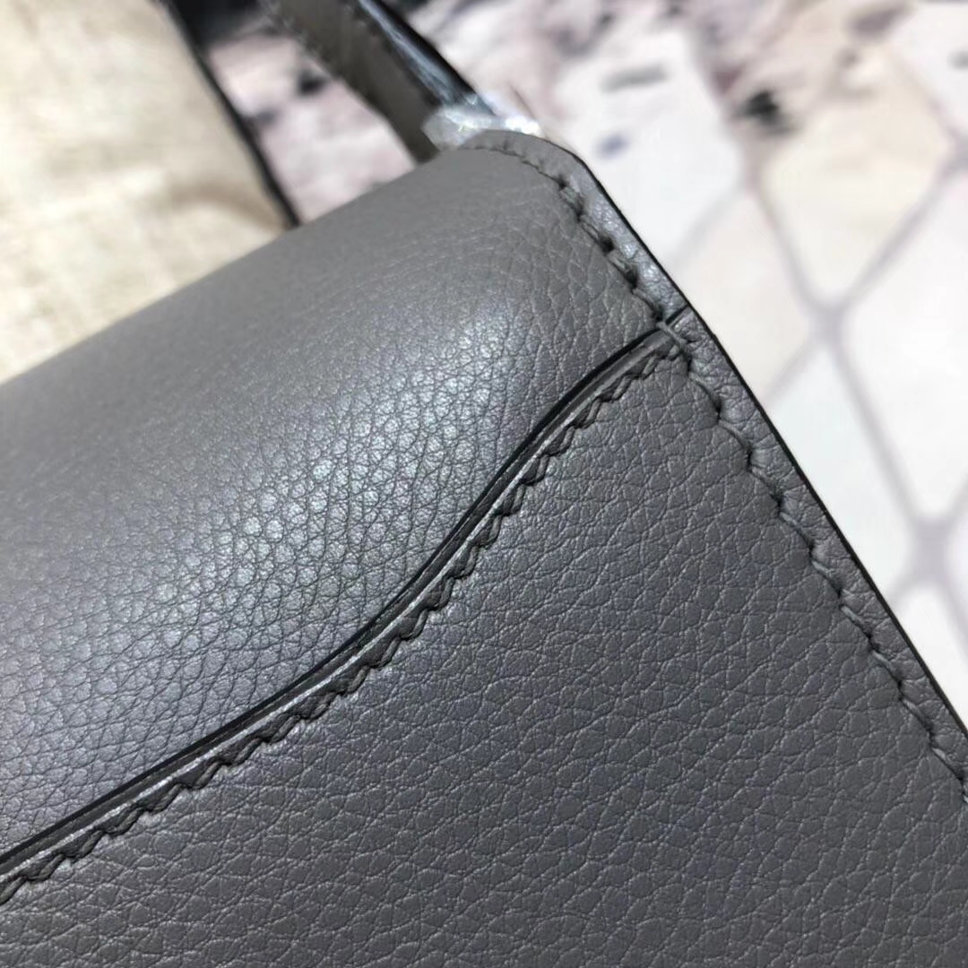 爱马仕猪鼻子包 Hermes Roulis24CM 锡器灰原厂Eve牛皮单肩女包 金扣
