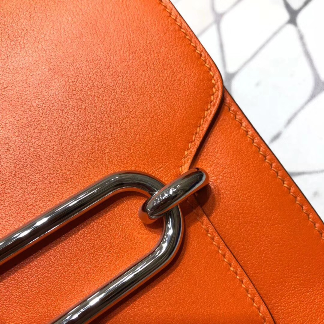 爱马仕猪鼻子包 Hermes Roulis24CM 橙色原厂Swift牛皮单肩包 银扣