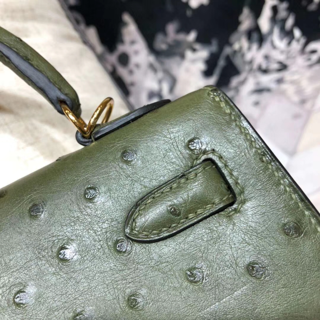 Hermes Kelly25CM 爱马仕V6丛林绿南非鸵鸟皮凯莉包 金扣