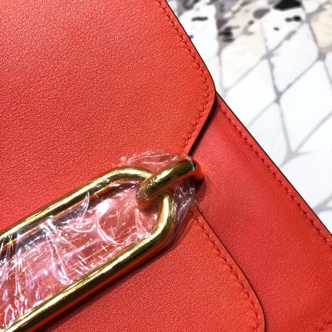 爱马仕猪鼻子包 Hermes Roulis24CM 火焰橙原厂Swift牛皮 金扣