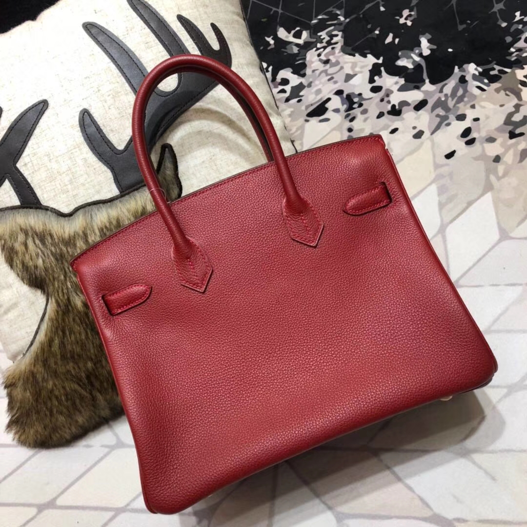 Hermes包包官网 爱马仕原厂Togo小牛皮Birkin30铂金包 爱马仕红 金扣