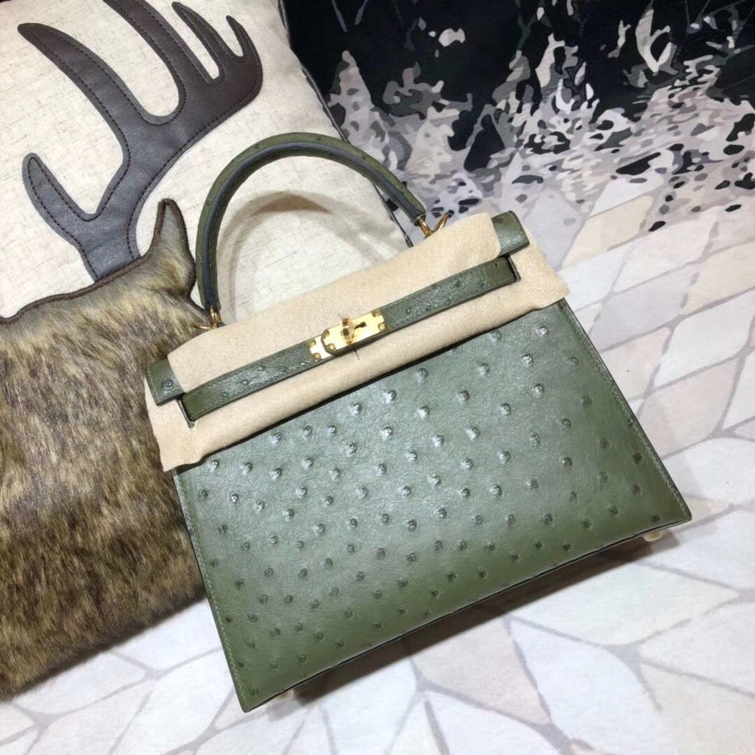 Hermes Kelly25CM 爱马仕V6丛林绿南非鸵鸟皮凯莉包 金扣