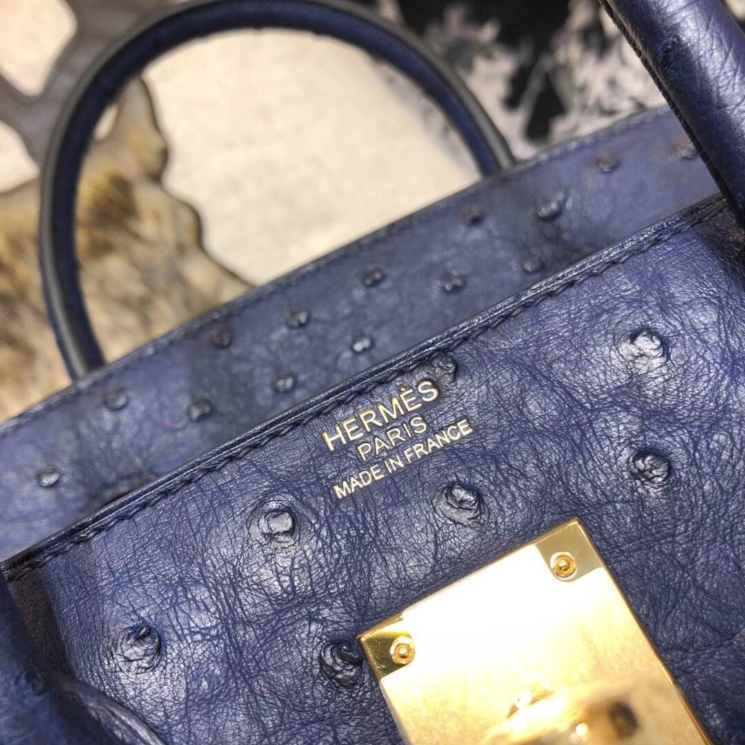 Hermes包包官网 爱马仕宝石蓝南非鸵鸟皮Birkin25CM铂金包 金扣