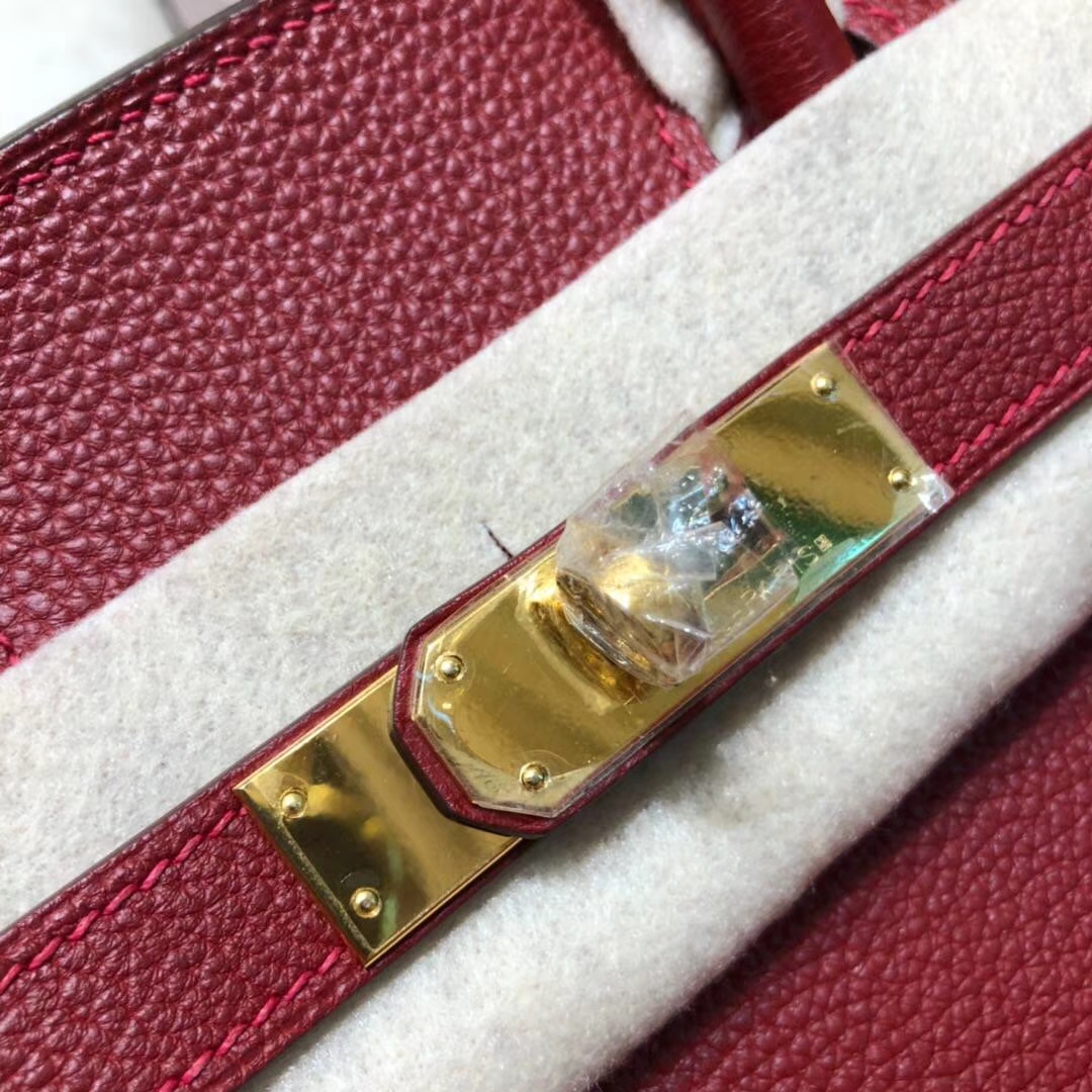 Hermes包包官网 爱马仕原厂Togo小牛皮Birkin30铂金包 爱马仕红 金扣