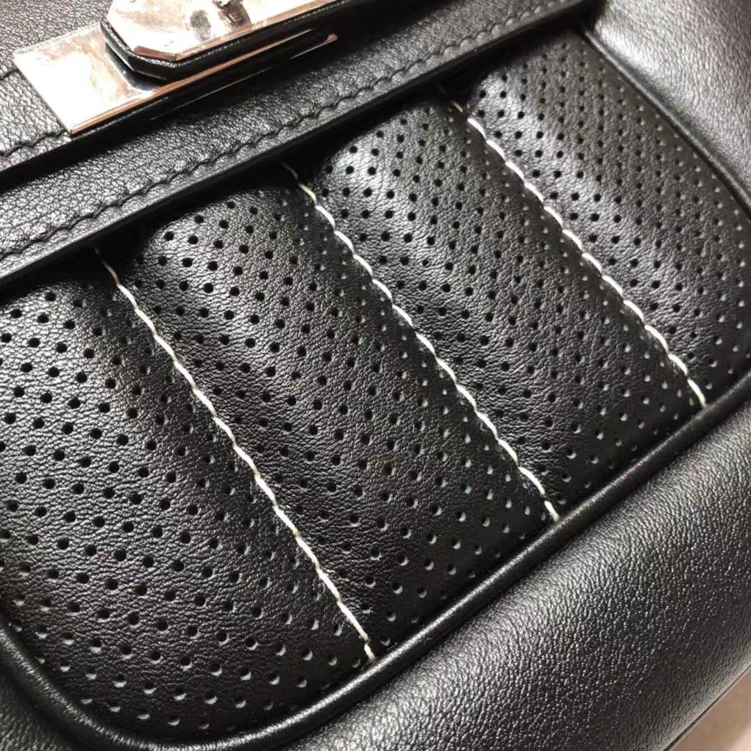 爱马仕新款女包 Hermes Parfums包包 打孔黑色原厂Swift牛皮 银扣