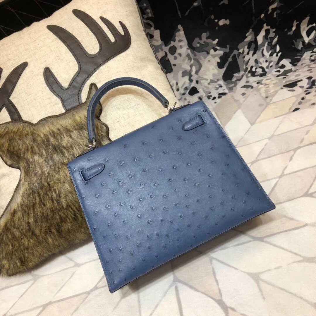 Hermes Kelly25CM 爱马仕玛瑙蓝南非鸵鸟皮外缝凯莉包 金扣/银扣
