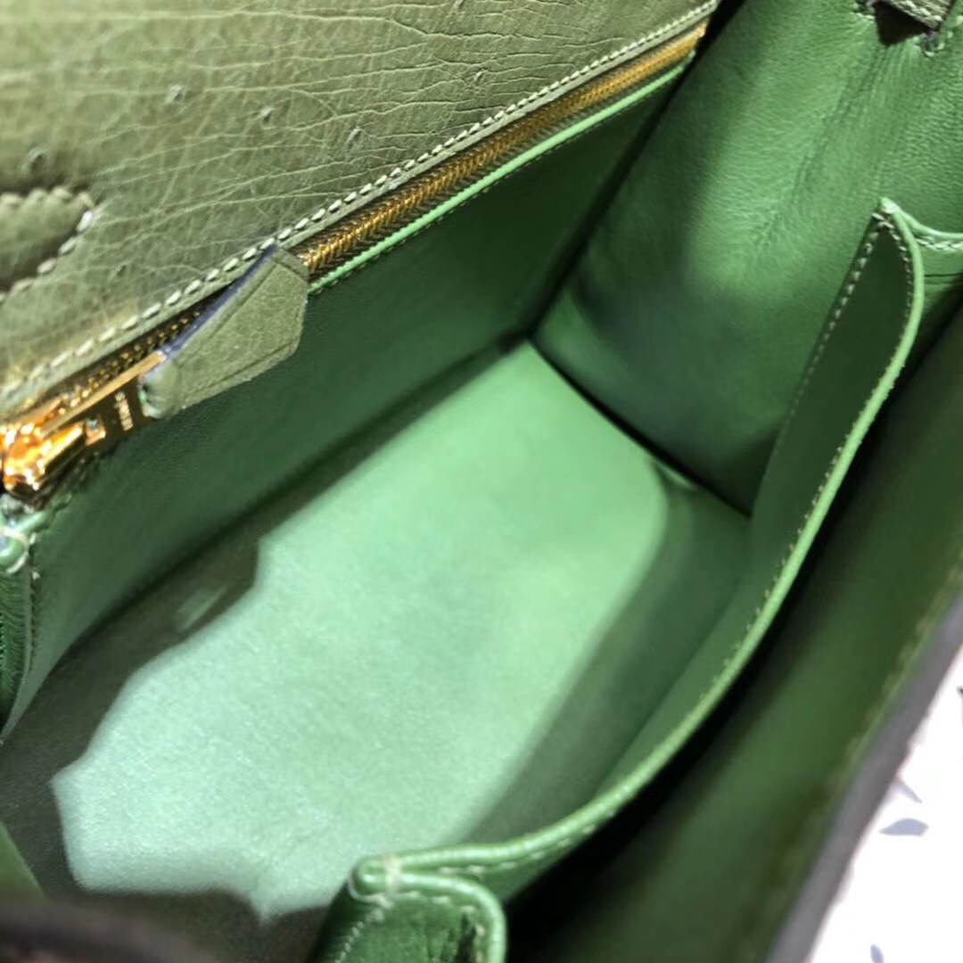 Hermes Kelly25CM 爱马仕V6丛林绿南非鸵鸟皮凯莉包 金扣