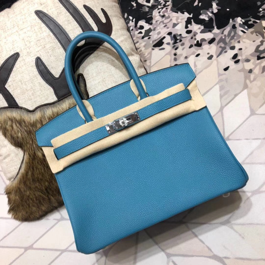 Hermes Birkin30CM 爱马仕松石蓝原厂Togo小牛皮铂金包 银扣