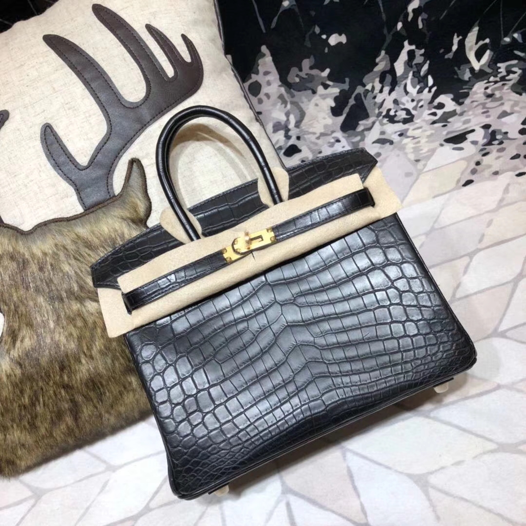爱马仕Birkin包包 Hermes黑色亚光尼罗鳄鱼皮铂金包Birkin25CM 金扣