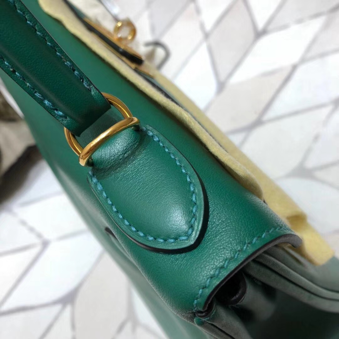 Hermes Kelly32CM 爱马仕Z6孔雀绿原厂Swift牛皮内缝凯莉包 金扣