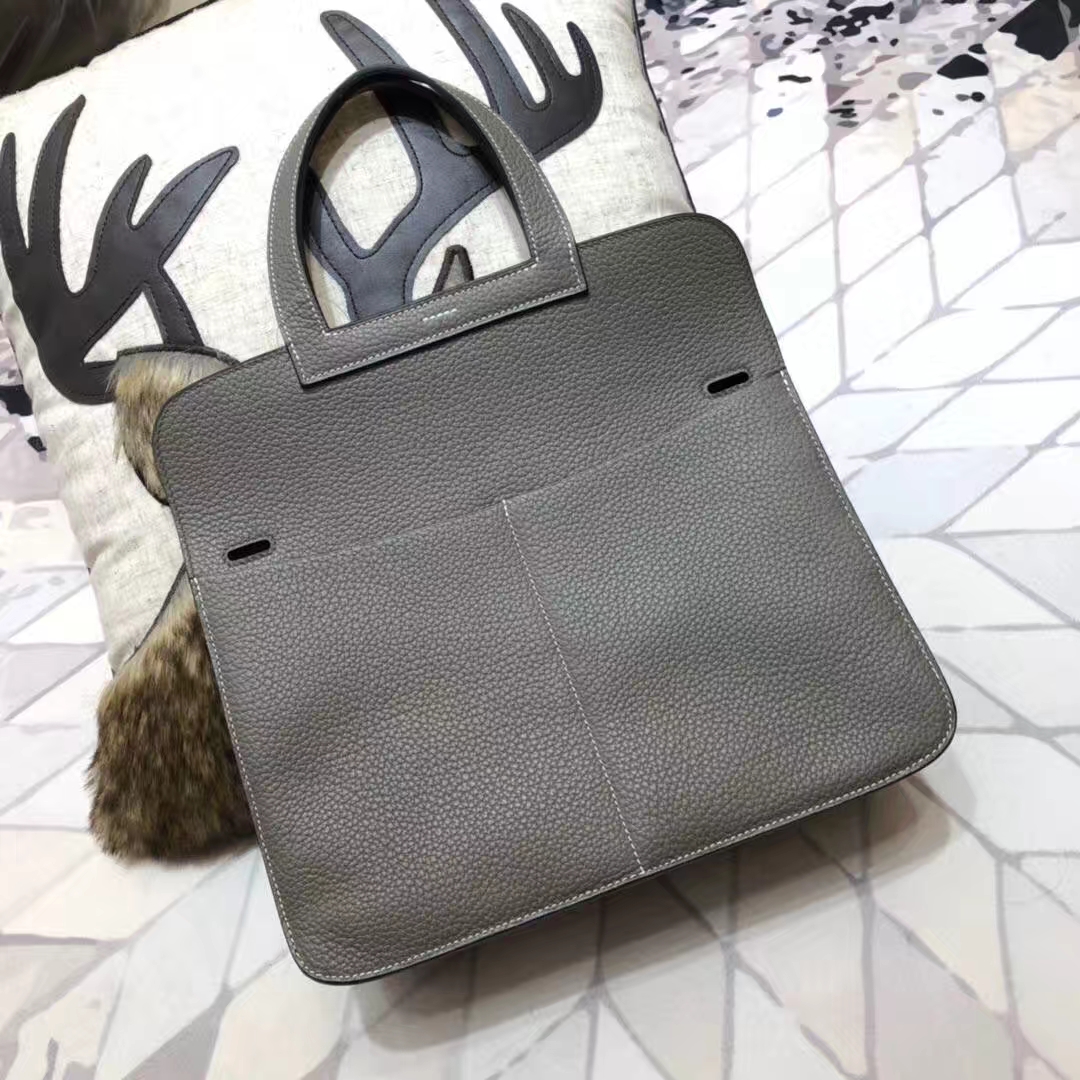 Hermes Halzan31CM 爱马仕锡器灰原厂Clemence牛皮手提斜挎女包