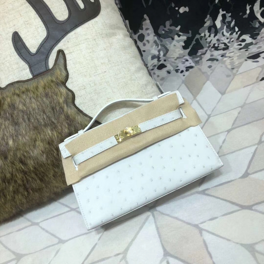 Hermes Minikelly22CM 爱马仕南非鸵鸟皮迷你凯莉包 纯白色 金扣