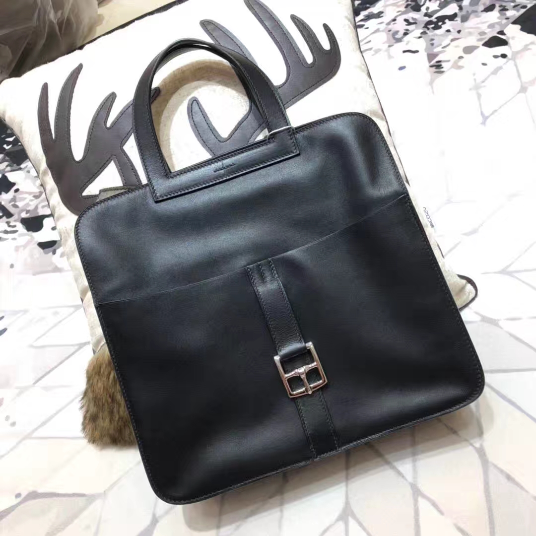 爱马仕包包官网 Hermes Halzan31CM 黑色原厂Swift牛皮手提包 银扣