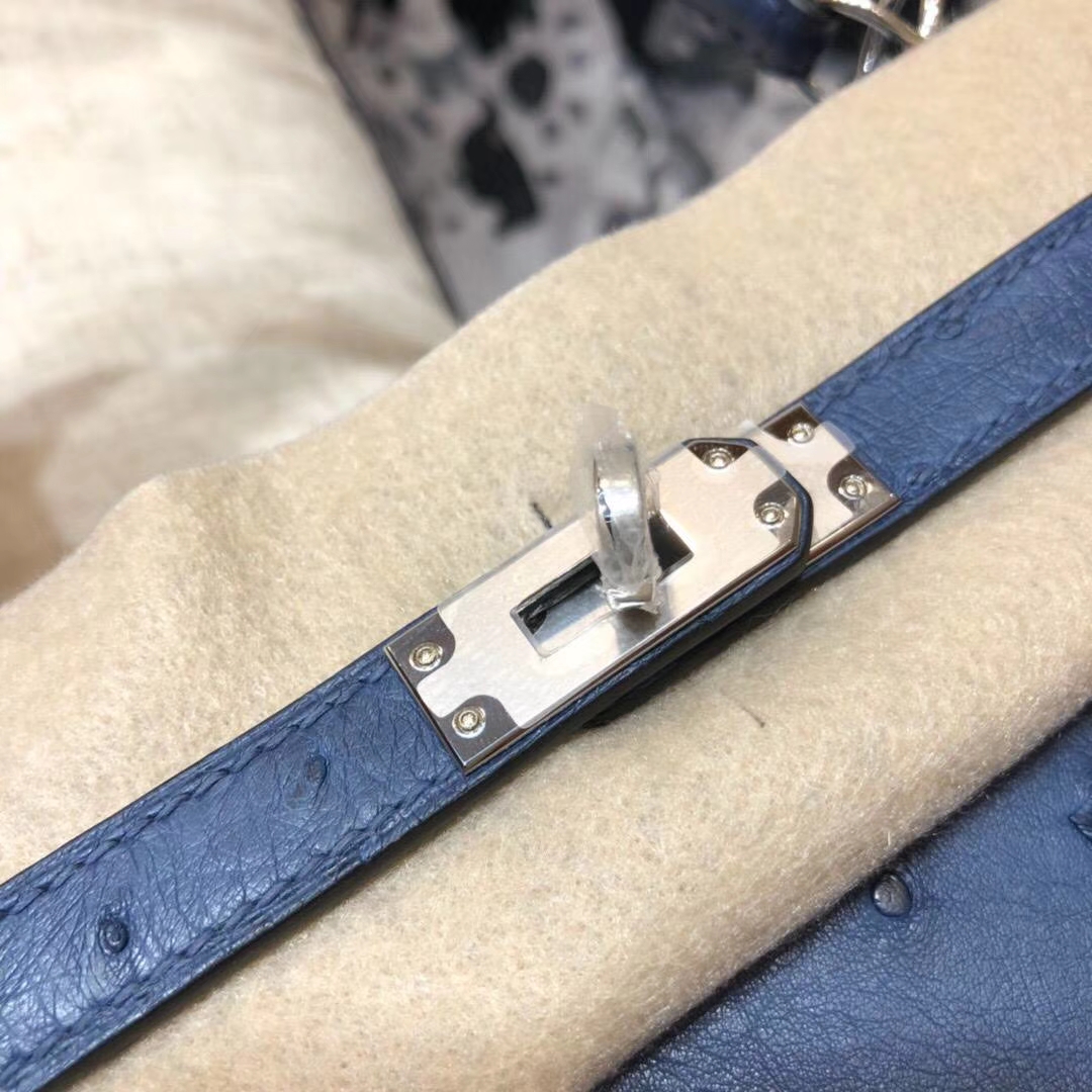 Hermes Kelly25CM 爱马仕玛瑙蓝南非鸵鸟皮外缝凯莉包 金扣/银扣
